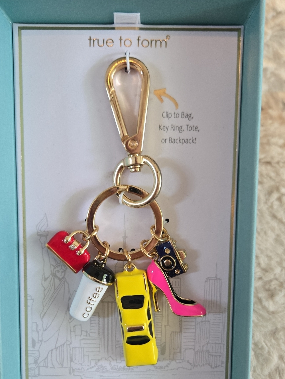 True to Form Yellow Taxi Handbag Charm Key Ring with Pink Heel - Picture 2 of 3